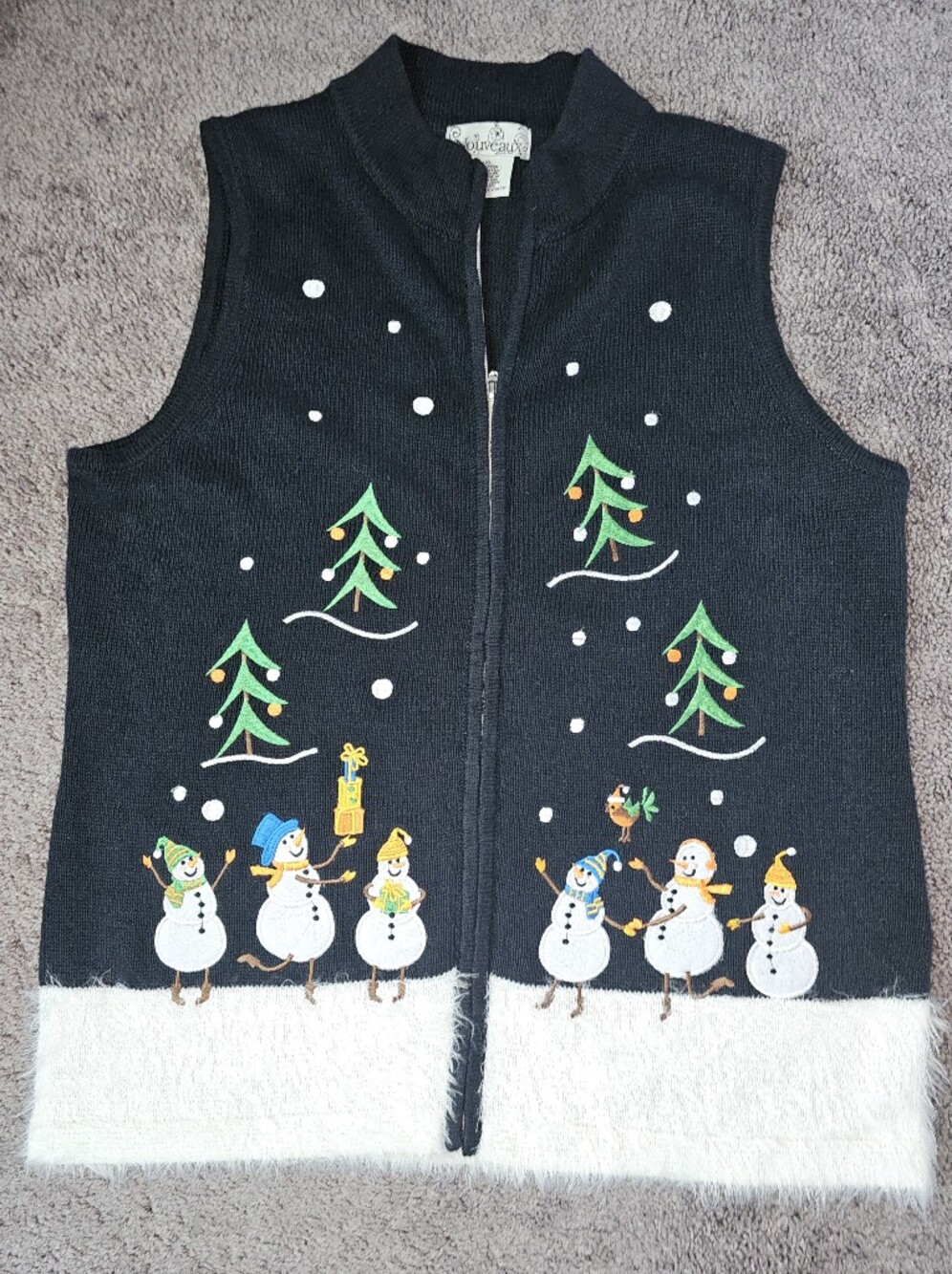 90s Nouveaux Snowmen Ugly Christmas Sweater Vest Shaggy Fur Snowflake Zip Sz XL